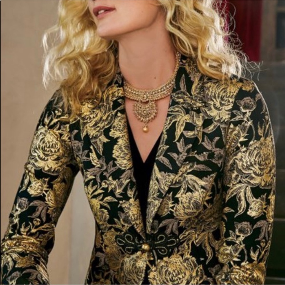 Soft Surroundings Moonstruck Metallic Gold Brocade Blazer Jacket Large Holiday - Picture 3 of 11